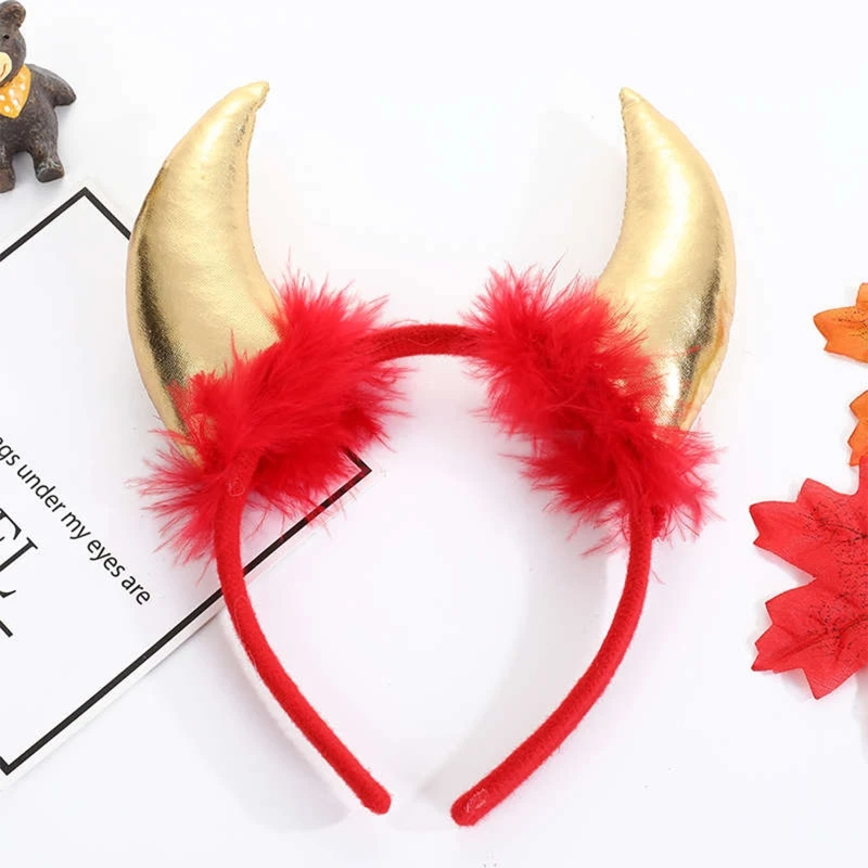 Bandeau brillant en corne de bœuf pour enfants et adultes, décoration en plumes, cerceau pour cheveux, Costume d'halloween et de noël pour fête Cosplay