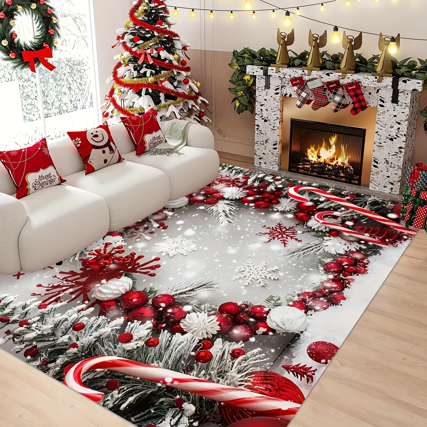 Merry Christmas Area Rug Santa Claus Gift Box Large Printed Carpet Festive Home Decor Stars Snow Pattern Floor Mat Room