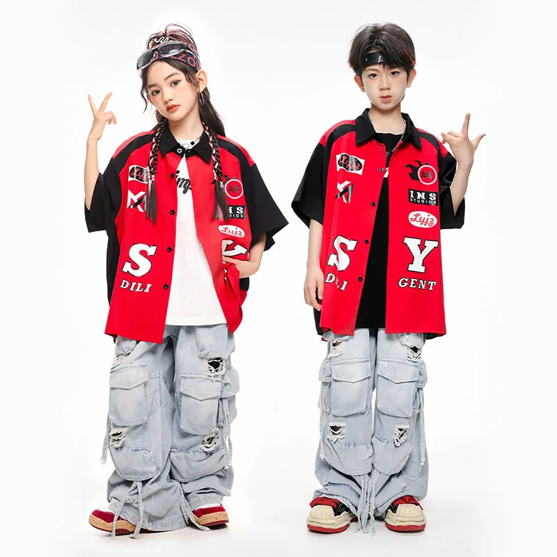 

Kid Kpop Hip Hop Clothing Red Letters Shirt Denim Blue Casual Distressed Cargo Jeans Pants for Girl Boy Dance Costumes Clothes