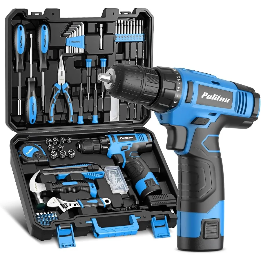 

148-Piece Home Drill Tool Set with 12V Blue Cordless Drill Metal and Plastic Tools Compact Storage Box Ideal for DIY Projects a