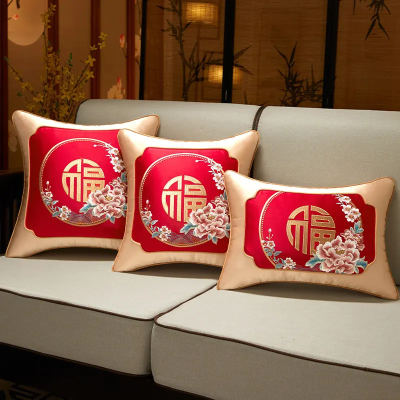 New Chinese Style Embroidered Cushion Cover Rectangular Lumbar Pillow Mahogany Sofa Backrest Pillowcase Living Room Waist Suppor