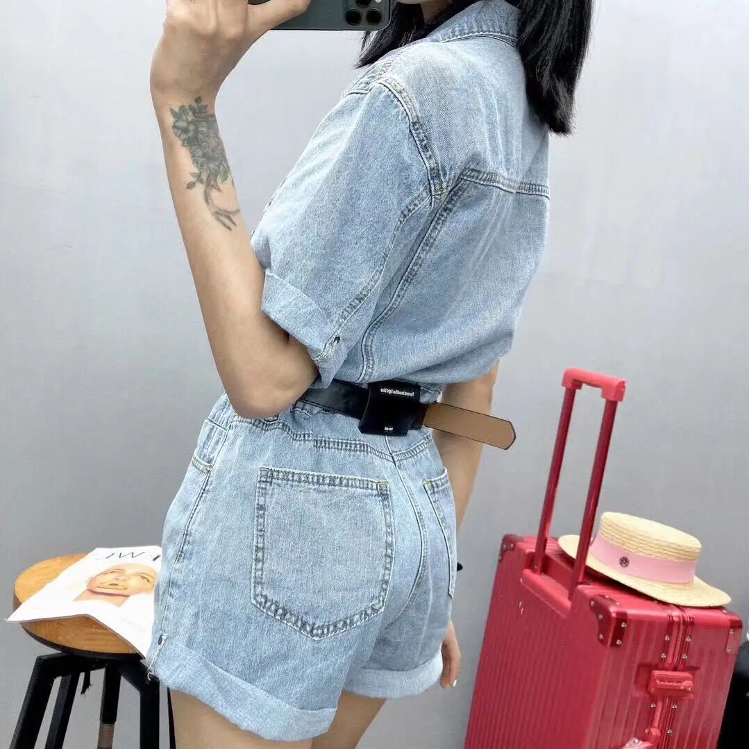 Cargo Overalls Women's 2022 Summer New High Waist Slim Wide Leg Invisible Open Crotch Convenient Denim One-Piece Shorts Jumpsuit
