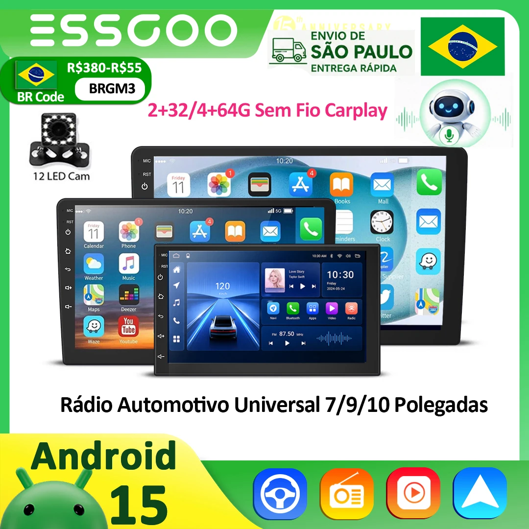 Rádio Multimídia Android 7-10" Carplay para Carro
