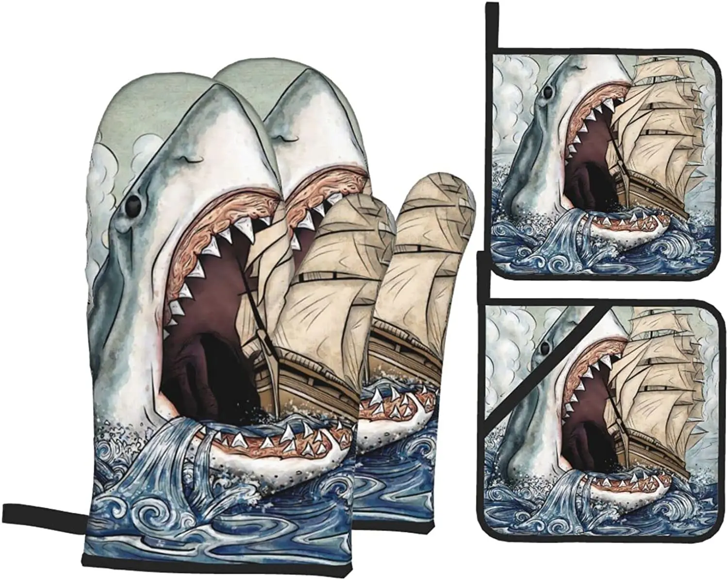 

Ferocious Shark Kitchen Oven Mitts and Pot Holders Sets of 4 Resistant Hot Pads Flexible Cooking Oven Gloves for Microwave