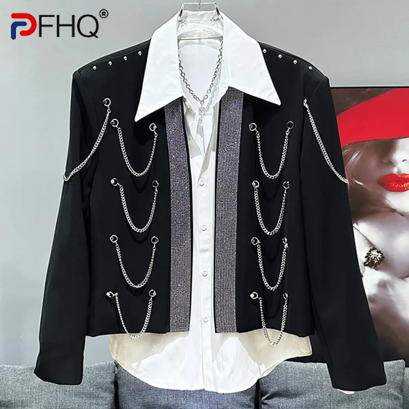 PFHQ Men\'s Metal Tassel Chain Decoration Jackets Fashion Casual Personality Short Hot Diamond Male Delicacy Coat Summer 21Z4476