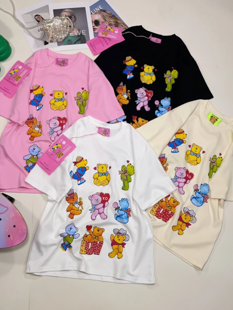 Imagem -04 - Urso Frisado Tripulação Pescoço Manga Curta Camiseta Feminina 2024 Primavera Verão Nova Impressão dos Desenhos Animados Solto Topo Kawaii Roupas Femininas Estudante