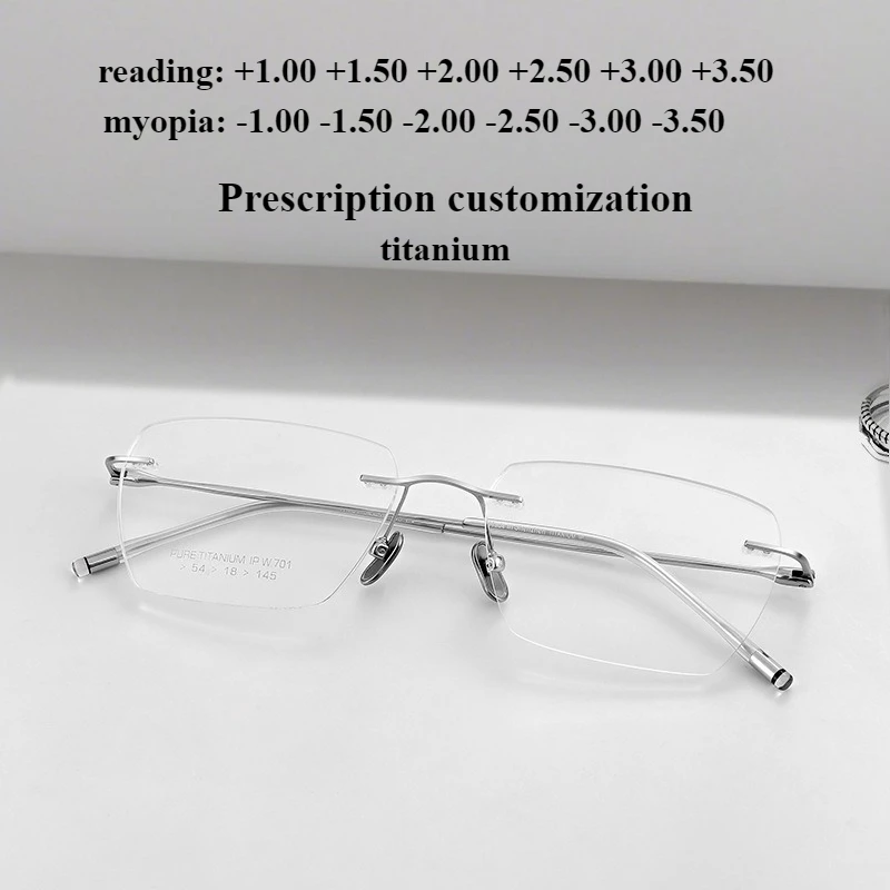 

New men's frameless pure titanium glasses rectangular anti-blue reading glasses custom myopia prescription