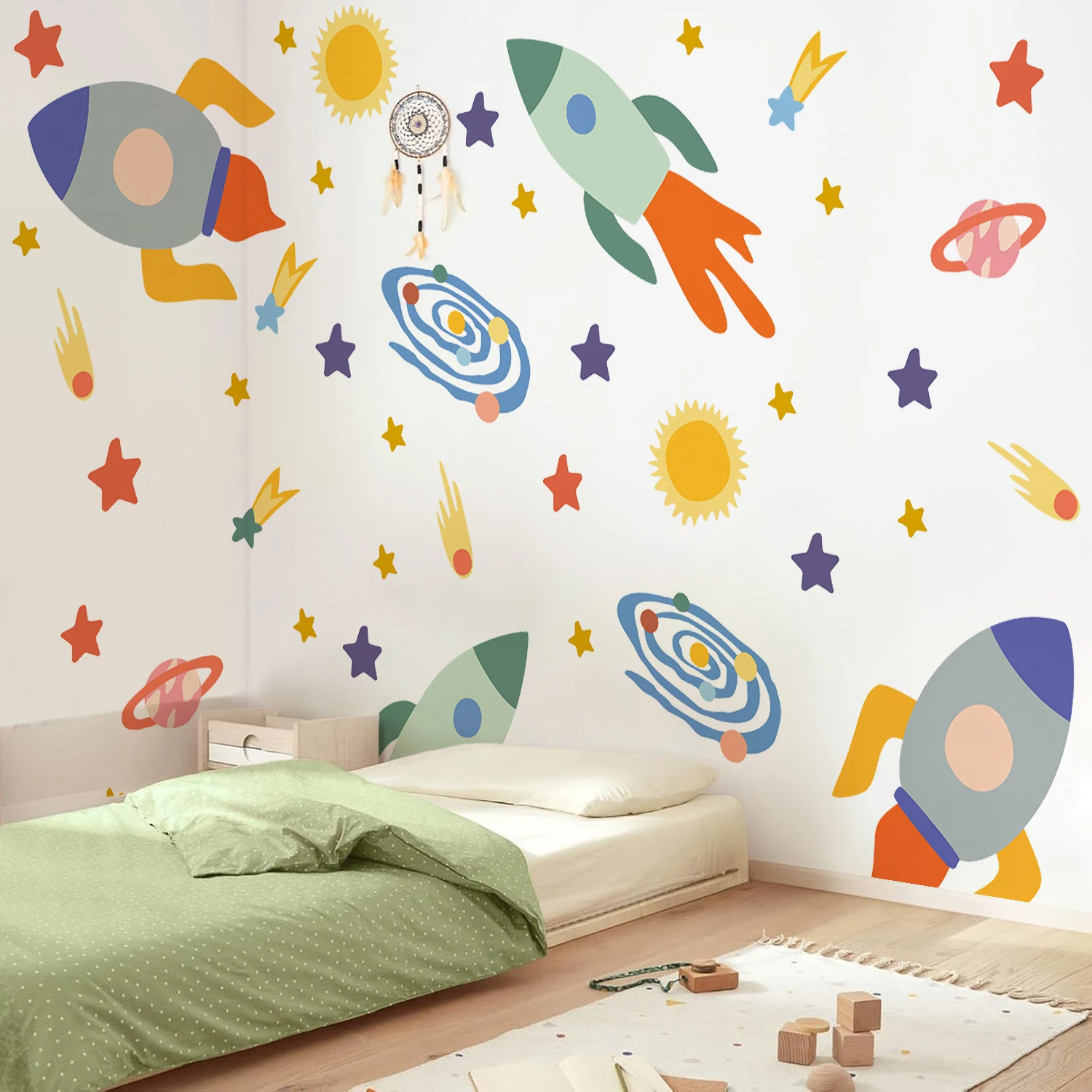 Cartoon Cosmic Space Rockets Wall Decals Stickers Galaxy Planet Stars Space Objects Wall Decals for Kids Bedroom and Playrooms