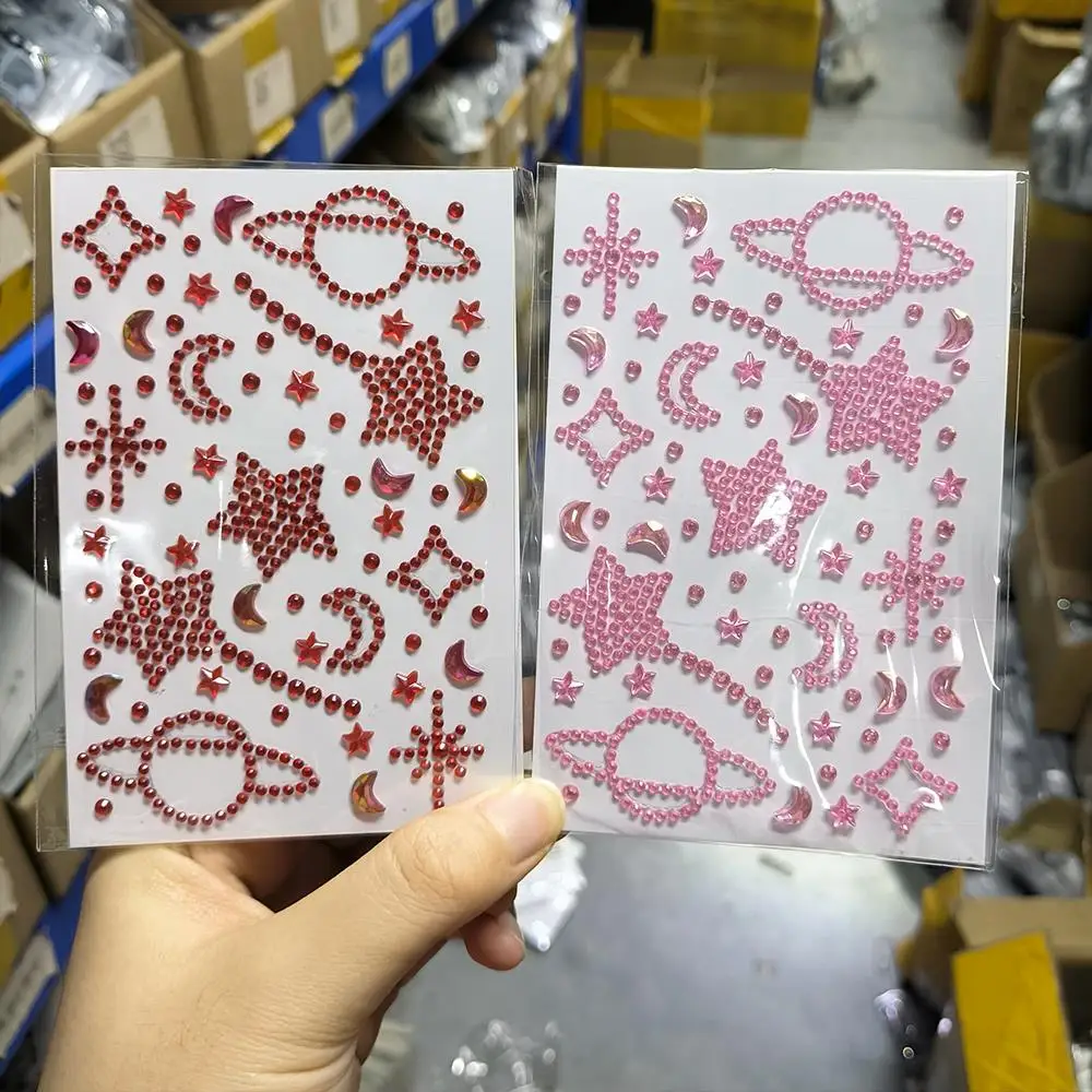 

2Pcs 3D Red&Pink Star/Moon/Sun Gems Face Tattoo Stickers Adhesive Bling Rhinestones Nail Decals Kids&Adult Makeup Jewels Decor 1