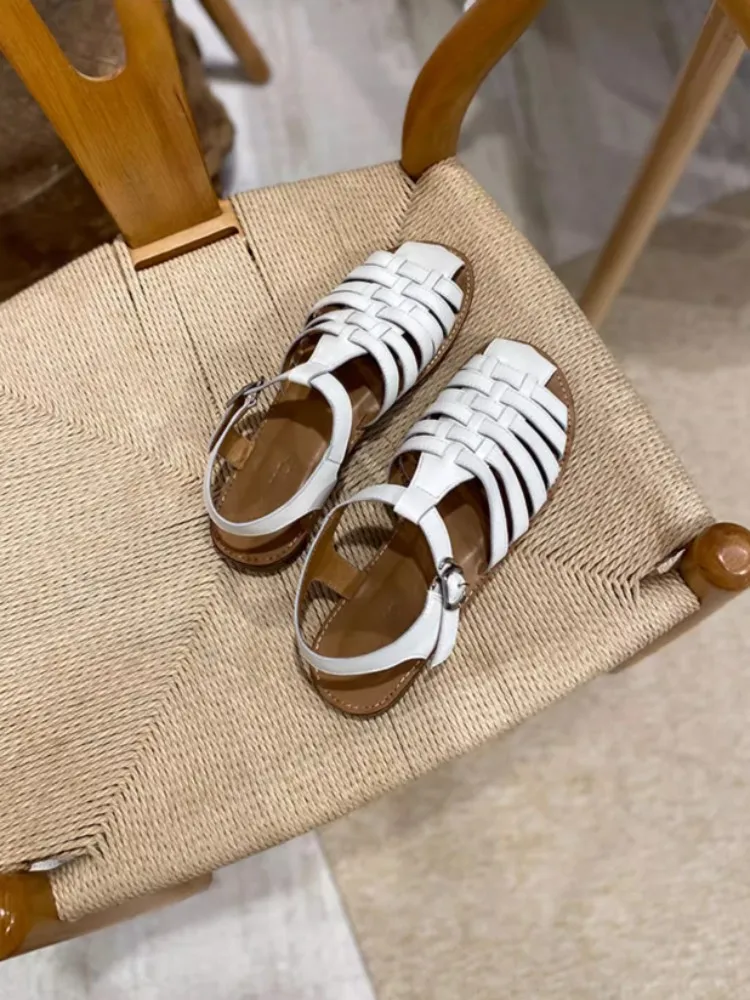 Vintage Weaving Design Women Gladiator Sandal Handmade Buckle Strap Hollow Out Cowskin Genuine Leather Sandal Casual Flat Shoes