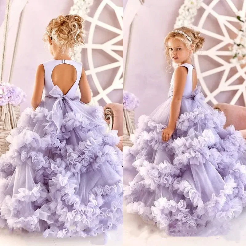 

Puffy Purple Flower Girl Dresses For Wedding Princess Tiered Backless Toddler Pageant Gowns Tulle Floor Length Kids Prom Wear