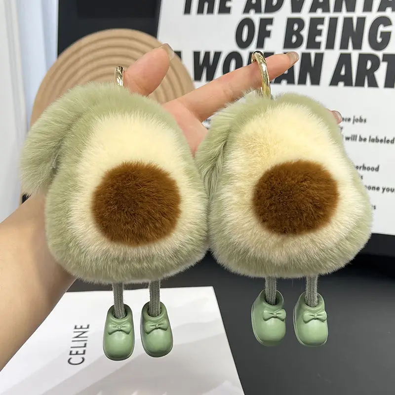 New Cute Imitation Rex Rabbit Fur Avocado Car Keychain Pendant Kawaii Girl Gift Plush Doll Backpack Bag Pendant