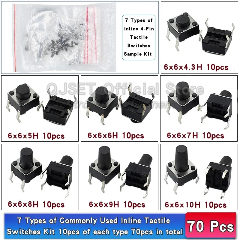 70/100 шт. 6*6 переключатель тактильный кнопочный переключатель комплект высота: 4,3 5-13 мм DIP 4-контактный SMD микропереключатель 6x6 кнопочный переключатель для Arduino
