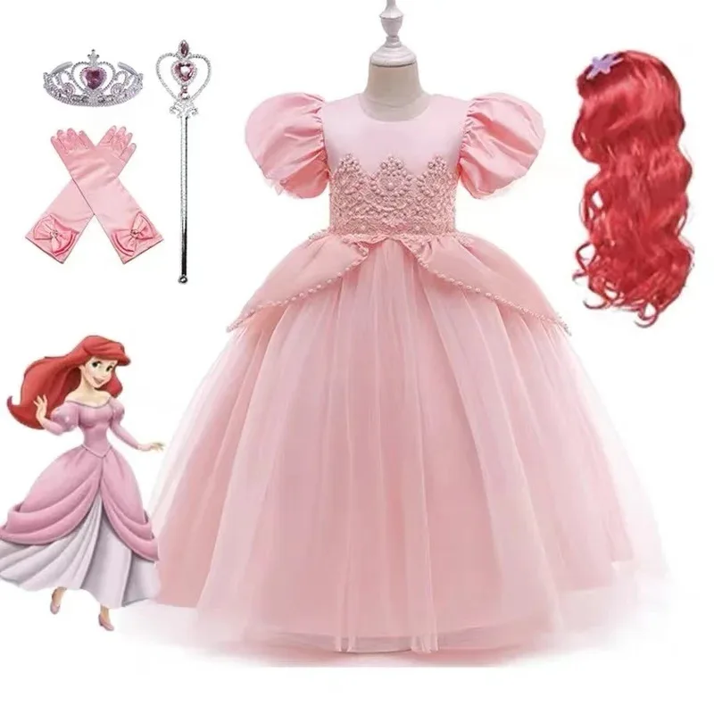 

little girls kids princess ariel Mermaid pink dress elegant for baby girl Birthday Party Holiday Halloween cosplay Costume hair
