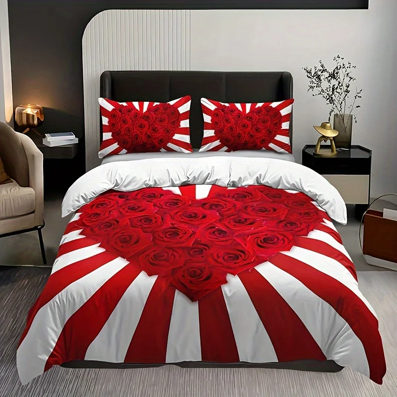 

Red Love Rose Duvet Cover Set Soft And Comfortable HD Printing Bedding Set For Home Dormitory Valentine's Day Bedding