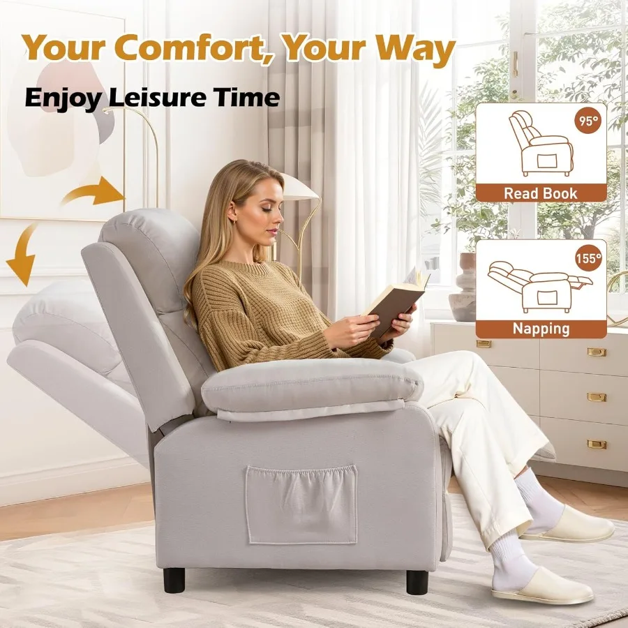 Sedia reclinabile per adulti Sedia da lettura imbottita con sedile profondo con tasche laterali Piccole poltrone reclinabili per piccoli spazi Sedia regolabile per