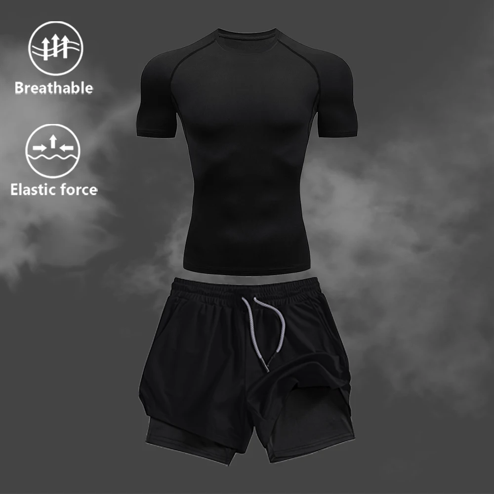 

Men's Fitness Set Quick Drying Compression T-Shirt Double Layer Sports Shorts Two-Piece Summer Outdoor Fitness Cycling Set