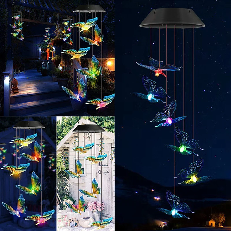 

LED Solar Powered Mobile Wind Chime Butterfly Color Changing Hanging Lamp Outdoor Waterproof Garden Decoration Pendant Light