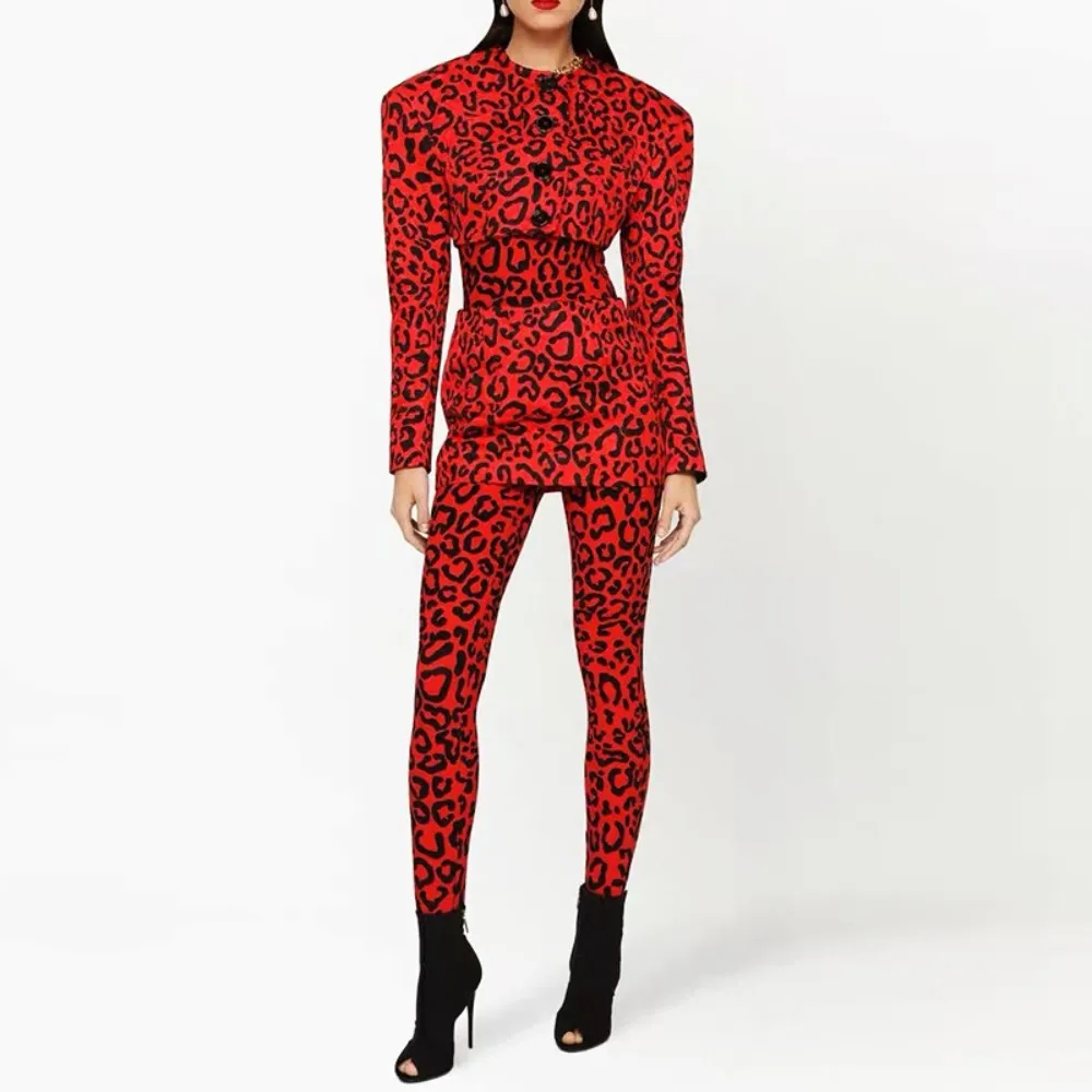 

Colorblock Spliced Leopard Print TwoPiece Set for Women Round Neck LongSleeves Top High Waist Skirt Sets conjuntos de pantalones