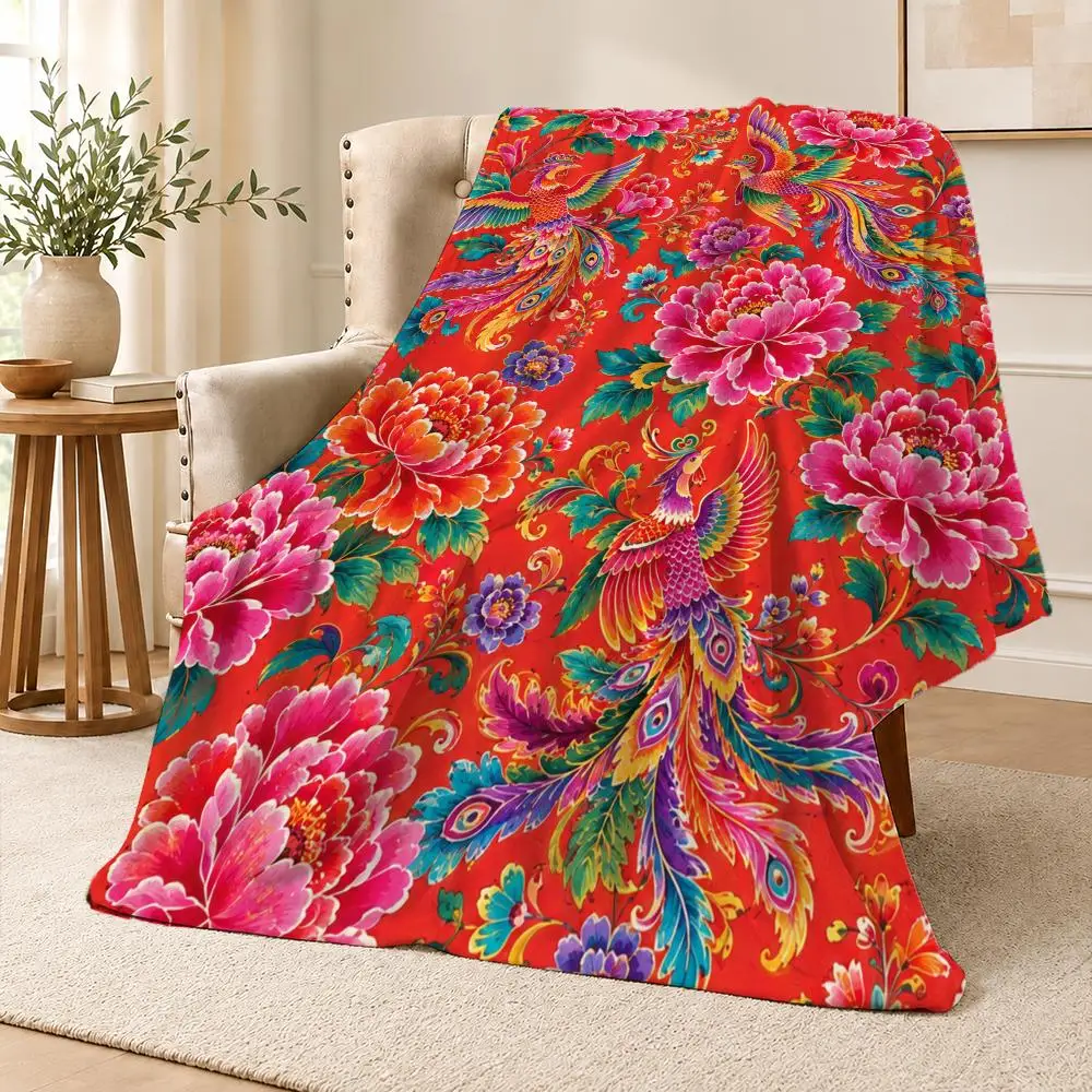 Chinese Peony Phoenix Floral Vintage Colorful Art Throw Soft Flannel Throw Blanket for Couch Bed Sofa Warm Cozy All Season
