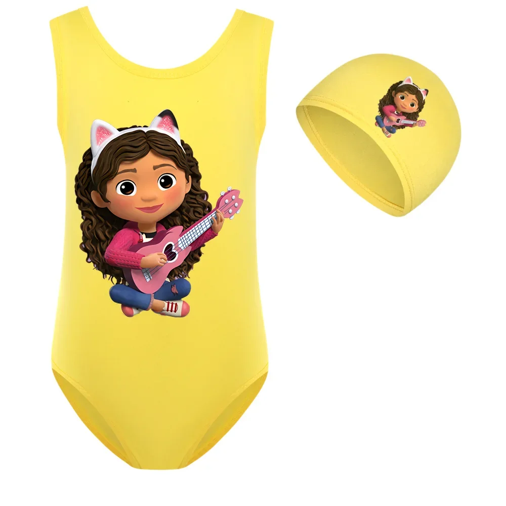 Swimwear Girls cartoon Swimsuit Gabbys Dollhouse  Kids One Piece Bearwear+cap Lovely Gabby Cats Clothes Baby Girl Bathing Suit