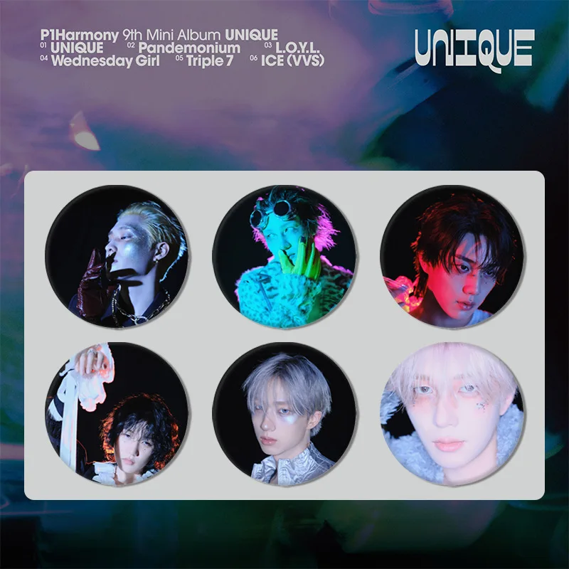 P1Harmony 9th Mini Album UNIQUE Brooch Round Tinplate Badge Character Printing Badge Bag Decora JIUNG THEO INTAK SOUL Fans Gift