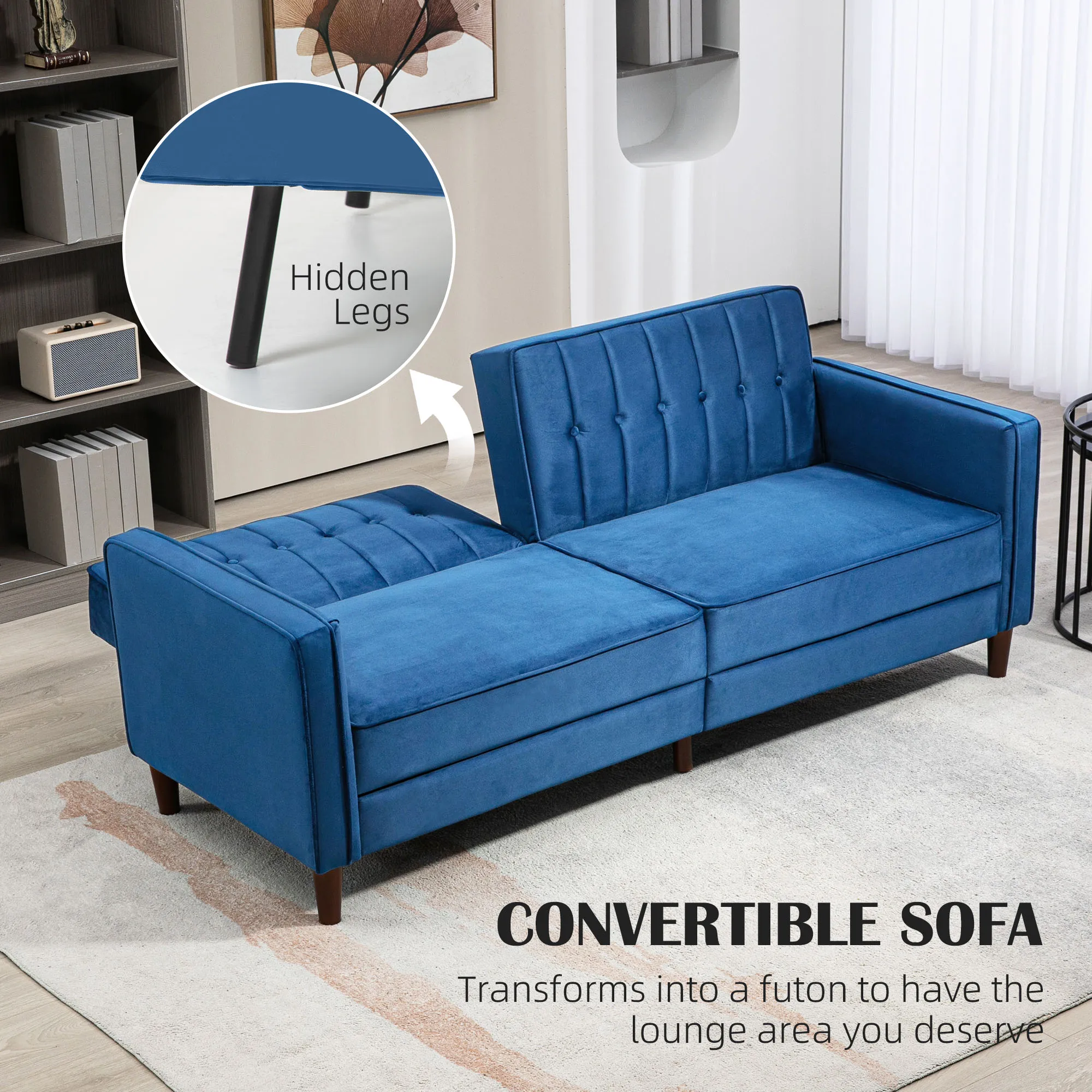 HOMCOM Convertible Sofa Futon Velvet-Touch Tufted Couch Sofa Bed