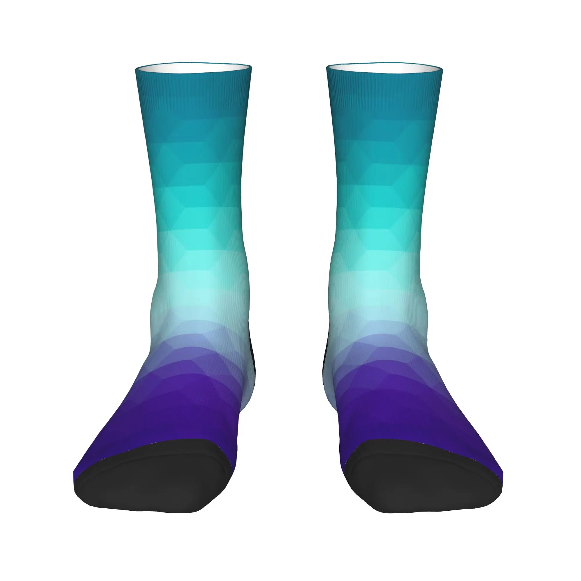 Teal Cyan Purple Hexagon Gradient Stockings  Printed Trendy Socks Winter Non-Slip Socks Men Cycling Medium Soft Socks