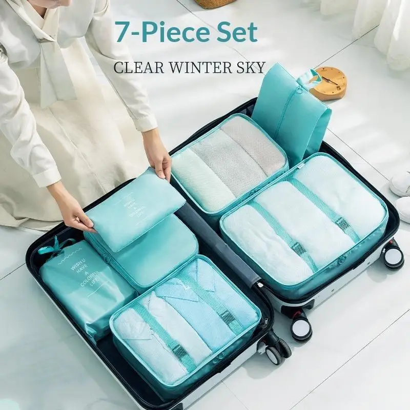 7Pcs Travel Storage Bag Set Clothes Sorting Organizer Lightweight Waterproof Luggage Packing Pouch For Business Trip Vacation