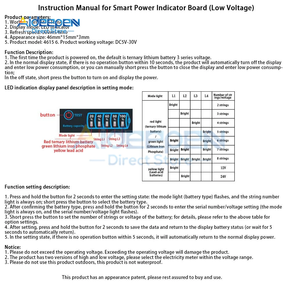 Indicador de capacidade da bateria 3S, teste de capacidade de exibição LED para banco de potência, bateria de lítio elétrica/lítio ferro fosfato/ácido de chumbo