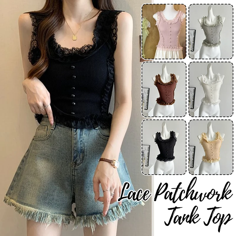 

Lace Patchwork Crop Tops Y2k Clothes Women U-Neck Knitted Stretch Tank Tops Slim Fit Summer Female Lace Stretch Camis