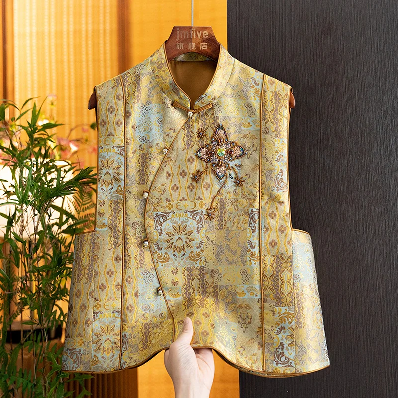 New Chinese-Style Silk and Rayon Elegant Vest for Women, 2026 Autumn New Collection, Heavy-Duty Sequins and Beading Layered Vest