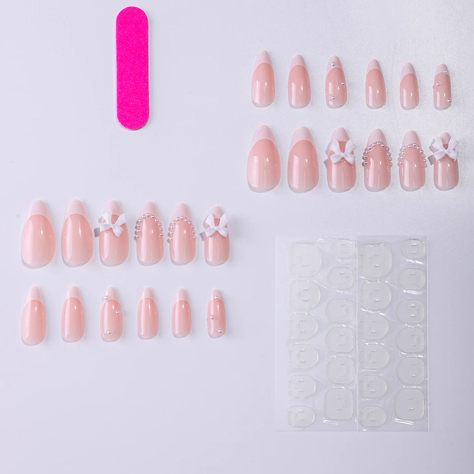 ARTAUG 24pcs uñas press-on medianas stiletto rosas con moños, punta francesa, uñas postizas lindas en polvo de cobertura completa 3