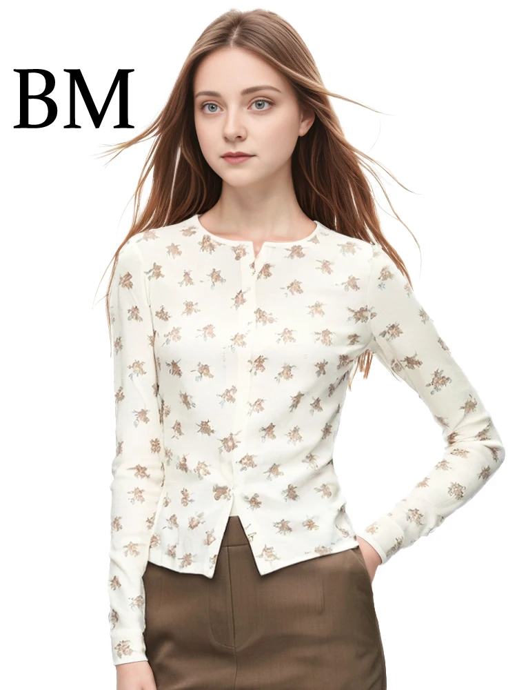 

Весна-лето, новинка Sle BM2025, кружевная отделка, круглая футболка Ne Long Sve, трикотажная футболка на пуговицах спереди, верхняя одежда, топ для женщин