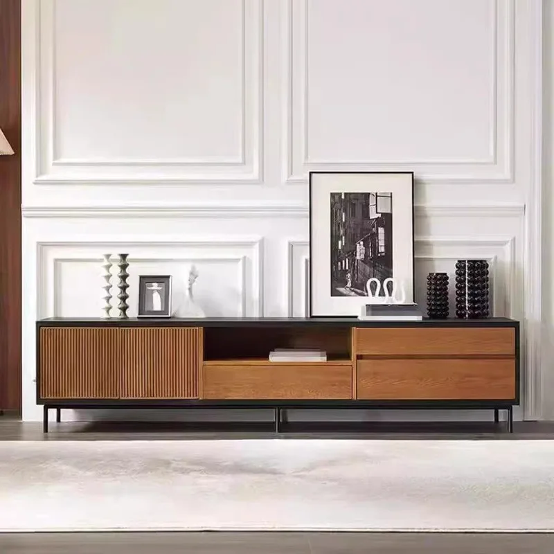 

Retro color matching teak solid wood TV cabinet, black oak audio-visual floor cabinet