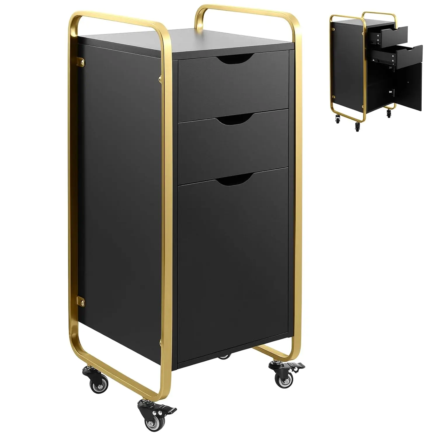 

Salon Station for Hair Stylist, Black Beauty Barber Hair Stations Cabinet with Gold Metal Frame, Salon Trolley Cart with Wheels