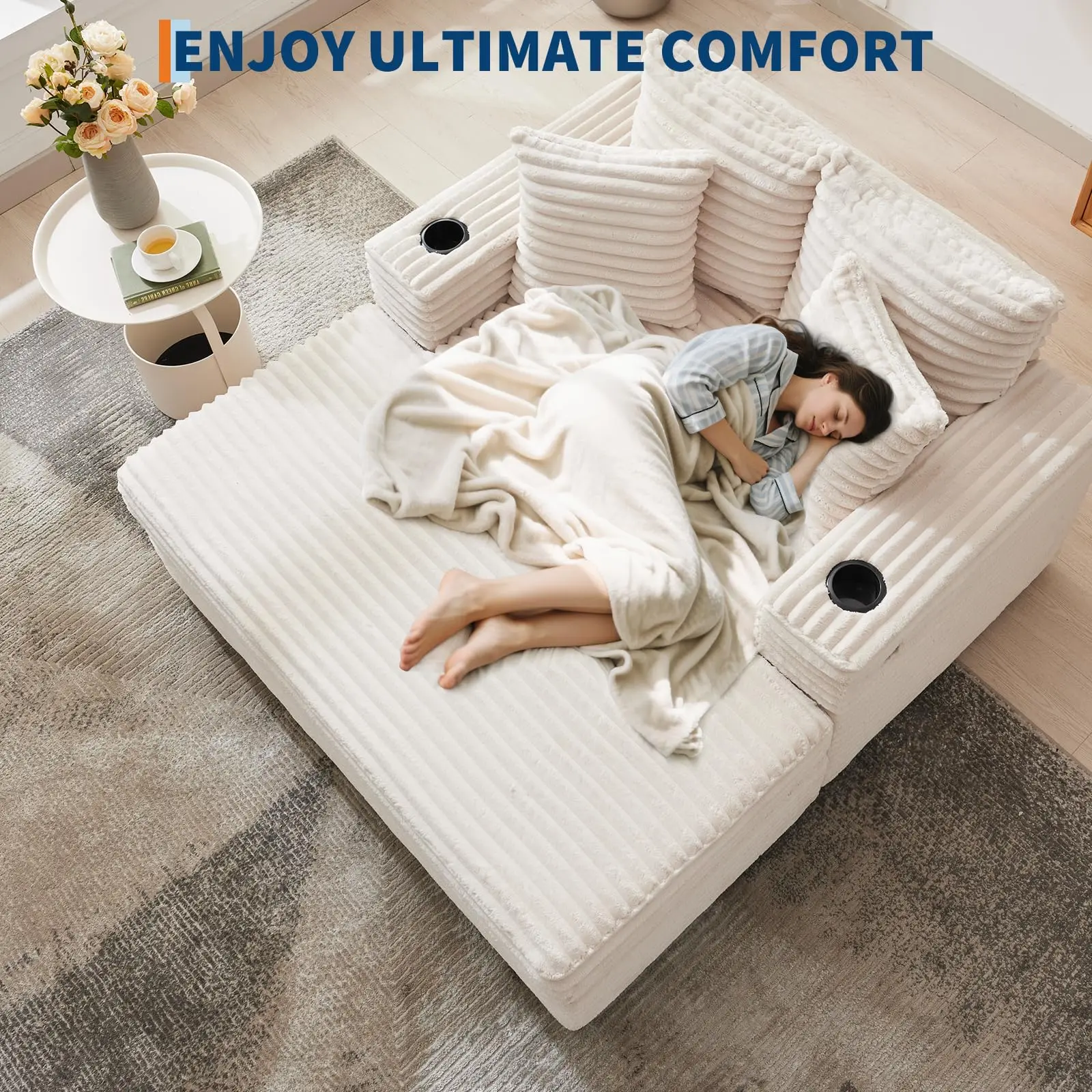 60 Inch Oversized Chaise Lounge Chair Corduroy Cloud Sofa Bed With USB Type C Port Cup Holders Pillows For Living Room Bedroom image 7