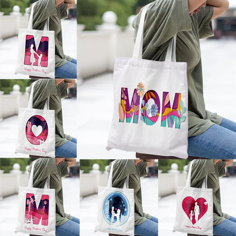 Happy Mother's Day Printed Canvas Bag Casual Large Handbag Mother's Exclusive Environmental Shopping Handbag Large Capacity Bag