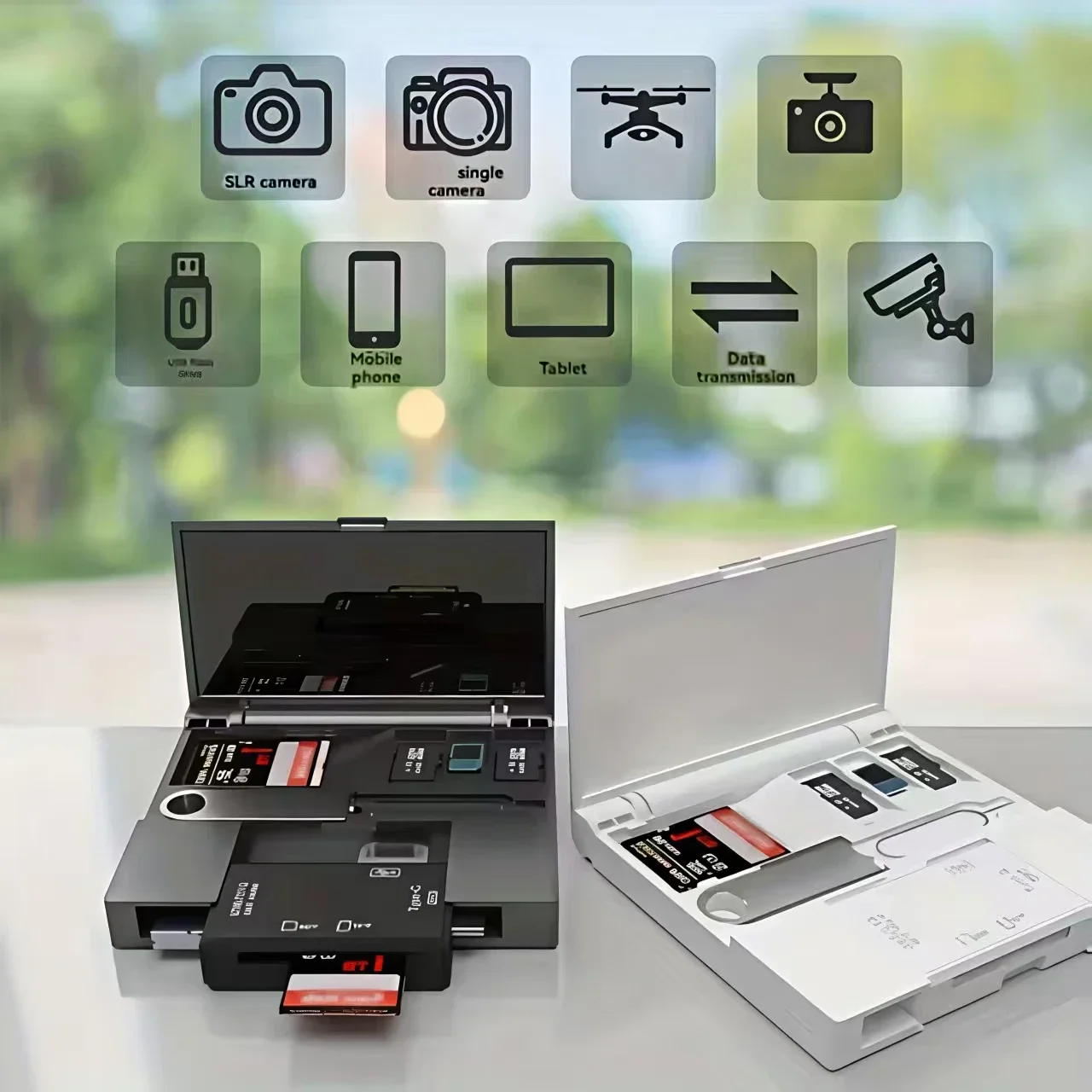 USB 2.0 7-in-1 Multi-functional Card Reader Storage Box TF SD Card Storage Box Micro Type-C Adapter Card Storage Box