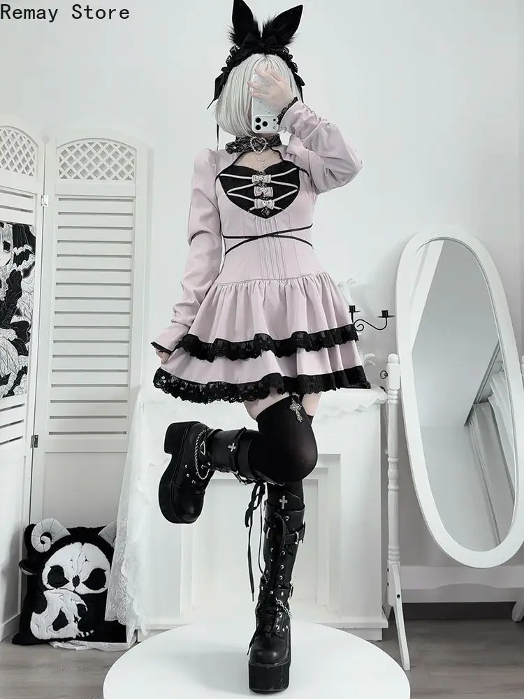 Autumn Winter Japanese Harajuku New Gothic Dark Plaid Women Dress Retro Mini Pleat Skirt Punk Sexy Streetwear Y2k Lolita Outfits