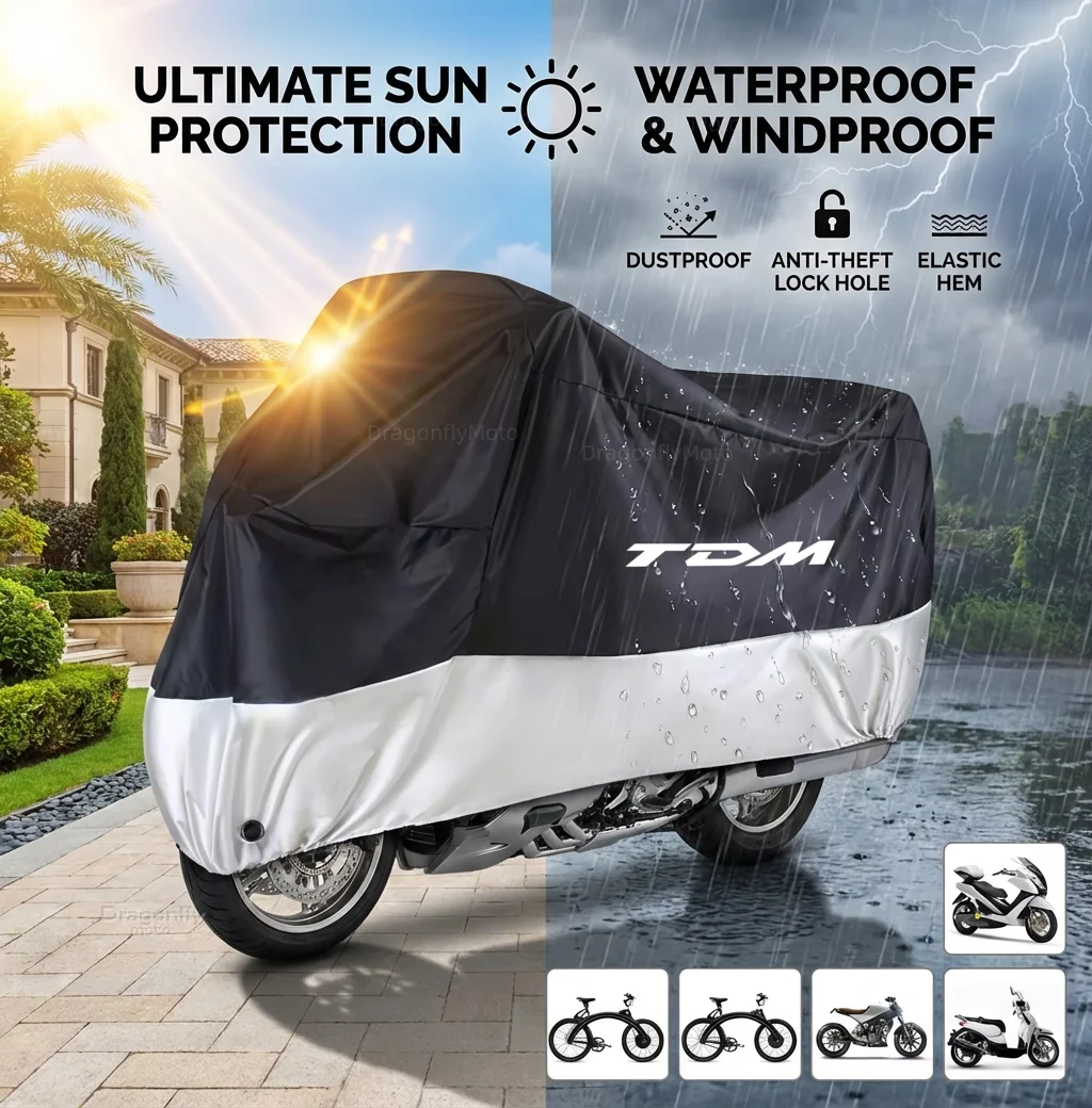 

Чехол для мотоцикла Yamaha TDM 850 1991-2001, TDM 900 2002-2013, всесезонный, серебристо-черный, водонепроницаемый, пылезащитный, с защитой от УФ-излучения