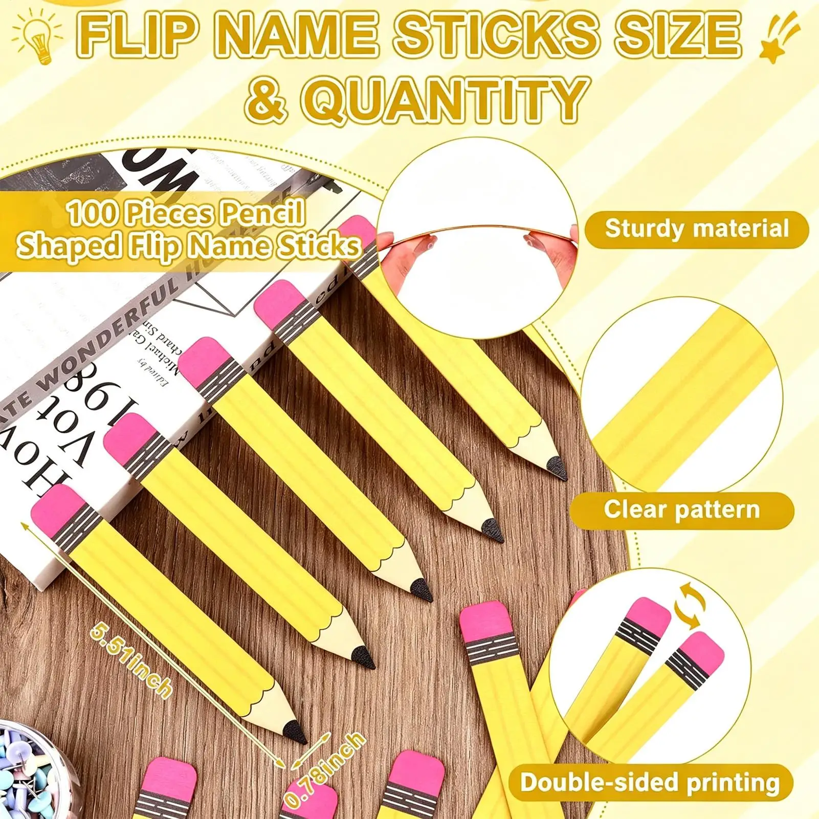 Pencil Shaped Name Sticks 50-Tag Wooden Easy Access Tool Name Sticks with Storage Cup for Teachers Students Parents Elementary