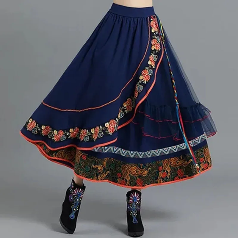 Autumn And Winter New Ethnic Retro Embroidery Irregular Tulle Big Skirt Ladies Slim Fashion Ethnic Retro Literary Skirt Female