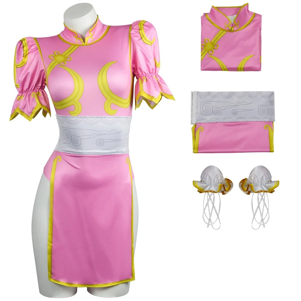 Street Fighter Chunli Cosplay Outfit Women Classic Blue Pink Qipao with Headpiece Sash Halloween Carnival Party Costume view 3
