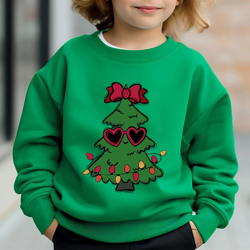 Boys and Girls Sweet Christmas Tree Hoodless Sweatshirt Fashion Cartoon Xmas Graphic Y2K Sudaderas Casual Xmas Kids Pullover