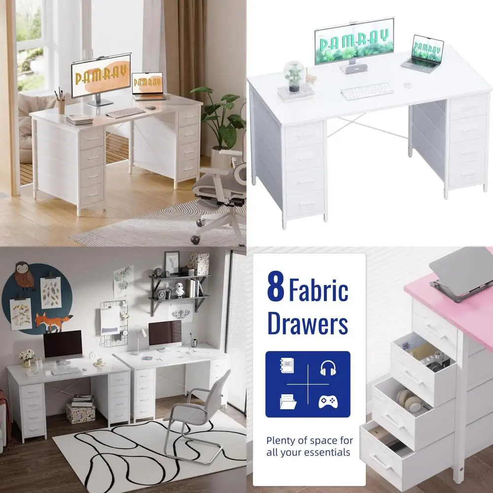 

Белый игровой и домашний офисный стол 47 дюймов с 8 тканевыми ящиками для ПК, учебы и письма в спальне