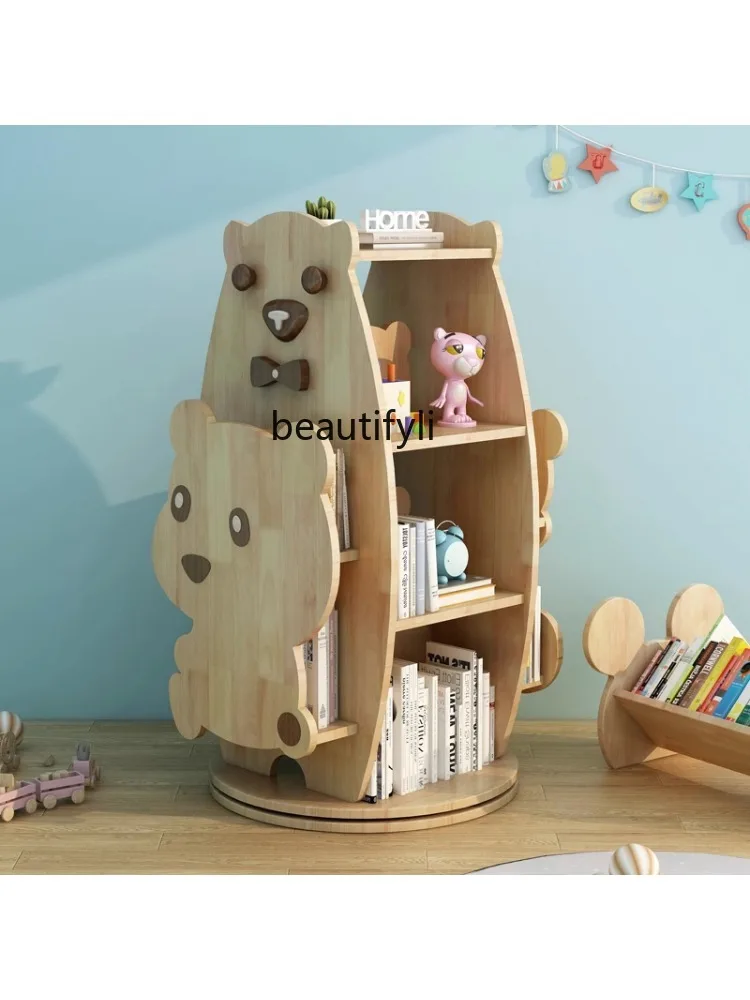 Solid Wood Rotating Bookshelf Floor 360 Degrees Bookcase Picture Book Rack Toy Storage Rack Oak Storage Rack