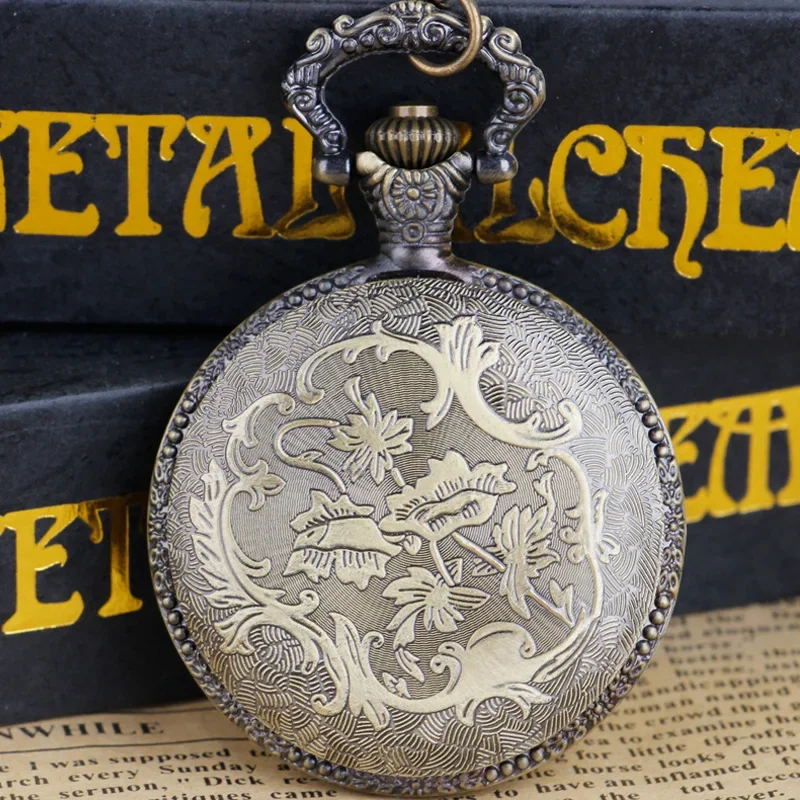 Bronze Oval Carved Exquisite Quartz Pocket Watch Necklace FOB Pendant Flip Business Watch