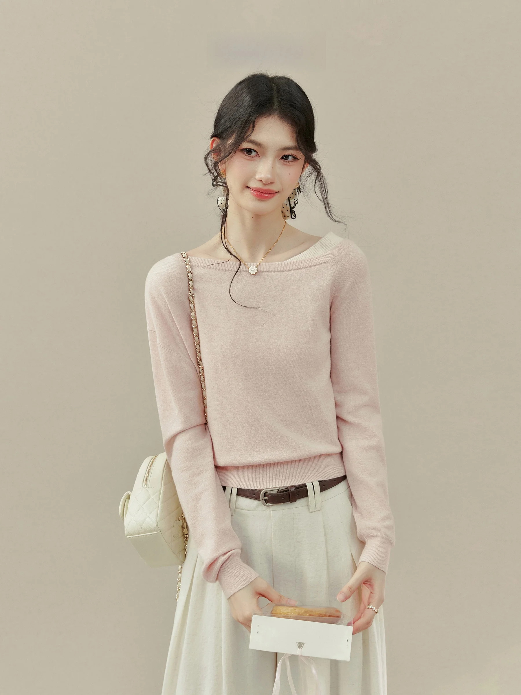 

Pink Knitted One Shoulder Base Layer Shirt for plus Size Women Spring Inner Wear Short Top Loose Fit Long Sleeve Regular Length