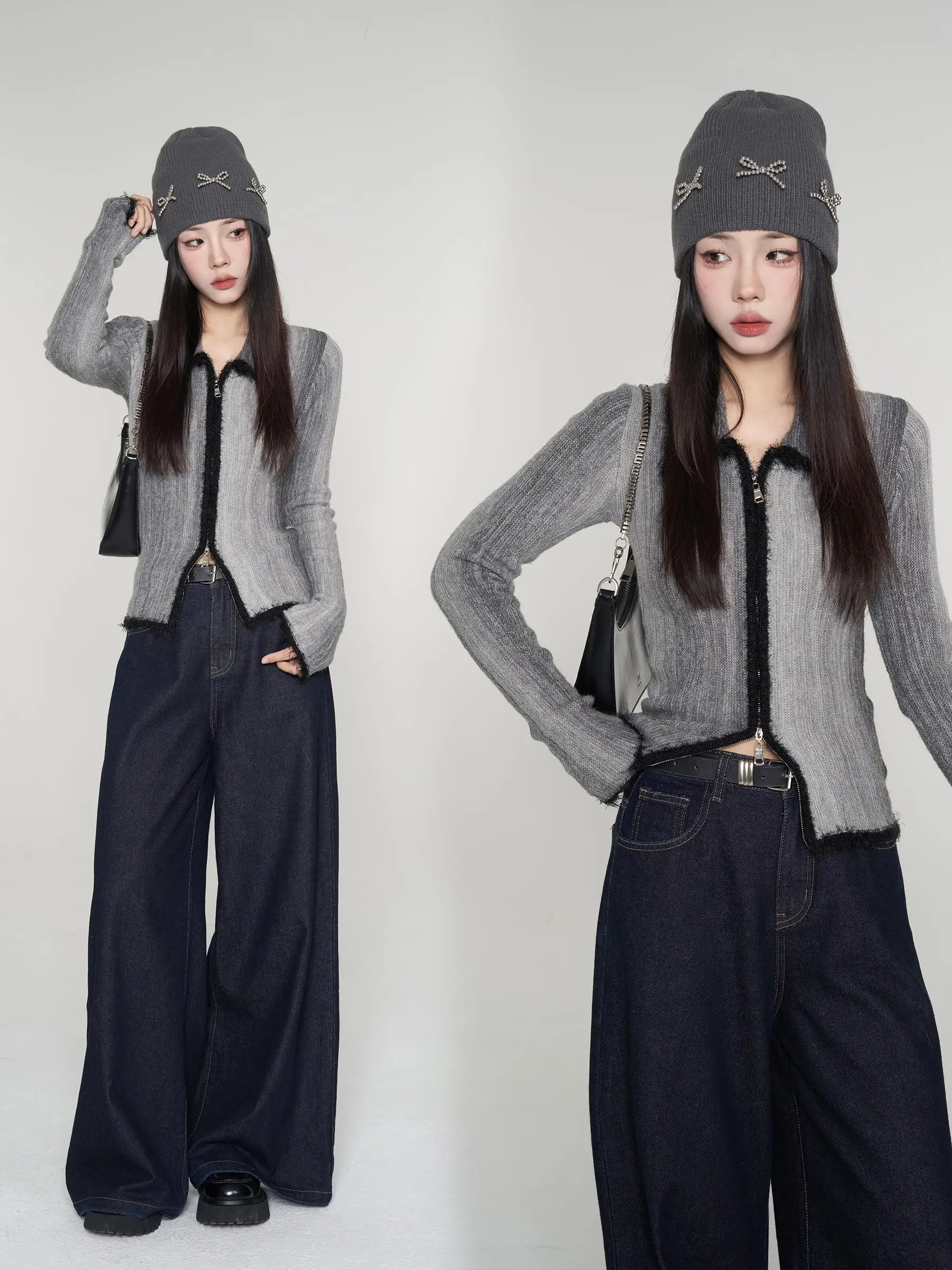

Gray Knitted Slim Fit Women's Sweater Coat Zipper Closure Autumn Winter Fashion Casual Style Comfortable Warm Long Sleeve Top